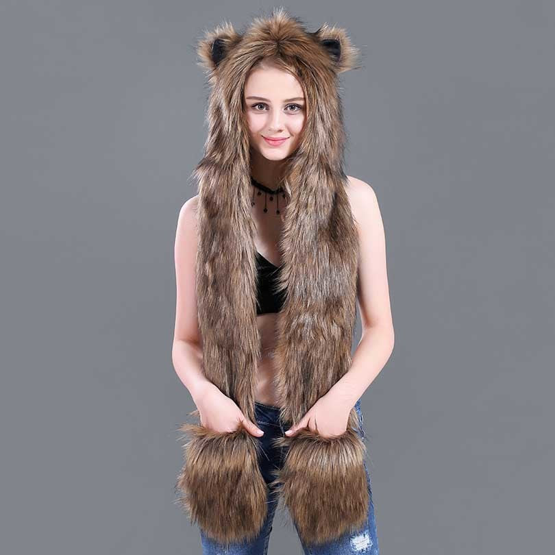 Faux Fur Straw Cartoon Animal Hat Scarf Gloves One - Bellarte Enchanté Faux Fur Straw Cartoon Animal Hat Scarf Gloves One